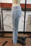 Jeans azul bebê casual rua rasgado patchwork cintura alta corte bota jeans