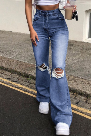 Dark Blue Casual Street Patchwork High Waist Boot Cut Flare Leg Ripped Denim Jeans