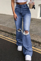 Dunkelblaue, lässige Street-Jeans mit zerrissenem Patchwork und Boot-Cut-Jeans mit hoher Taille