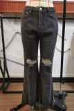 Dunkelblaue, lässige Street-Jeans mit zerrissenem Patchwork und Boot-Cut-Jeans mit hoher Taille
