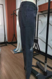 Azul escuro casual rua rasgado retalhos cintura alta corte bota jeans jeans
