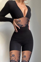 Black Sexy Solid Lace Split Joint See-through V Neck Regular Jumpsuits