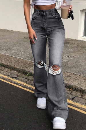 Black Gray Casual Street Patchwork High Waist Boot Cut Flare Leg Ripped Denim Jeans