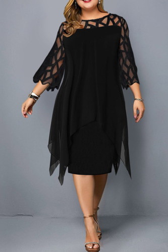 Black Casual Solid Lace O Neck Straight Plus Size Dresses