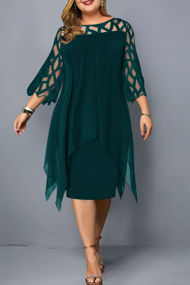 

Ink Green Casual Solid Lace O Neck Straight Plus Size Dresses