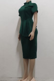 Green Casual Solid Patchwork Asymmetrical With Bow O Neck One Step Skirt Dresses