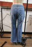 Jeans in denim con taglio a stivale a vita alta patchwork strappato casual blu baby