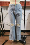 Jeans in denim con taglio a stivale a vita alta patchwork strappato casual blu baby