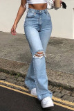 Jeans azul bebê casual rua rasgado patchwork cintura alta corte bota jeans