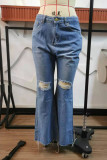 Dark Blue Casual Street Patchwork High Waist Boot Cut Flare Leg Ripped Denim Jeans