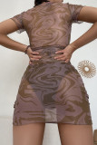 Brown Sexy Print Patchwork See-through Swimwears