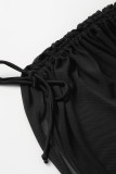 Black Sexy Solid Patchwork Draw String Fold Swimwears