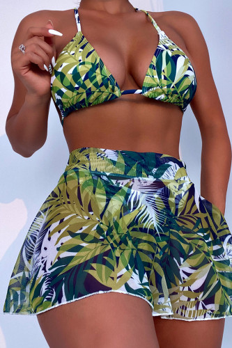 Green Sexy Print Patchwork Frenulum Swimwears