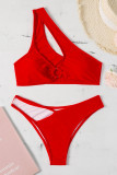 Red Sexy Solid Hollowed Out Patchwork Asymmetrical Swimwears
