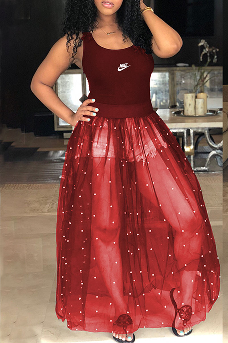 

Purplish Red Fashion Sexy Print Split Joint U Neck Ball Gown Dresses