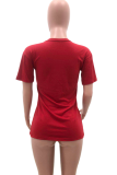 Red O Neck Short Sleeve Print Patchwork Tees & T-shirts