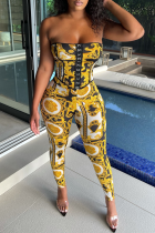 Yellow Sexy Print Split Joint Strapless Skinny Jumpsuits