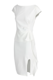 Белые повседневные однотонные платья с оборками и круглым вырезом Нерегулярные платья Платья
