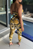 Gele sexy strapless skinny jumpsuits met print en patchwork