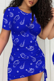 ブルー セクシー プリント パッチワーク O ネック ペンシル スカート ドレス