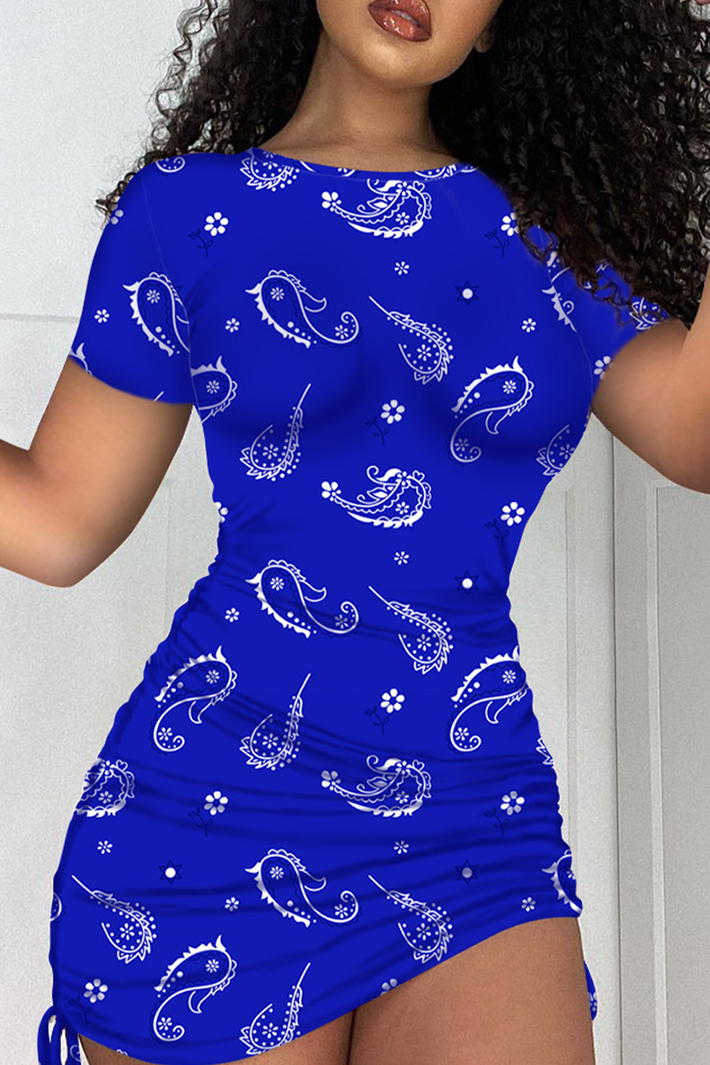 

Blue Sexy Print Split Joint O Neck Pencil Skirt Dresses