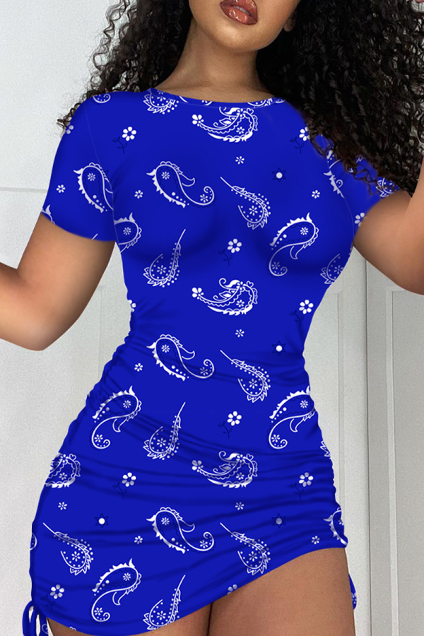 Синий сексуальный принт пэчворк с круглым вырезом юбка-карандаш платья