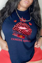 Marineblauwe Fashion Street Lips bedrukte patchwork T-shirts met letter O-hals