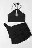 Svarta Sexiga Solid Patchwork Draw String Vik Badkläder