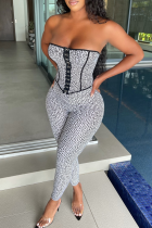 Black And White Sexy Print Split Joint Strapless Skinny Jumpsuits