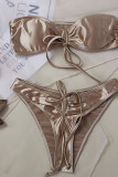 Apricot Sexy Solid Patchwork Draw String Fold Swimwears