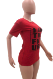 Camisetas y camisetas de patchwork con estampado de manga corta con cuello en O rojo