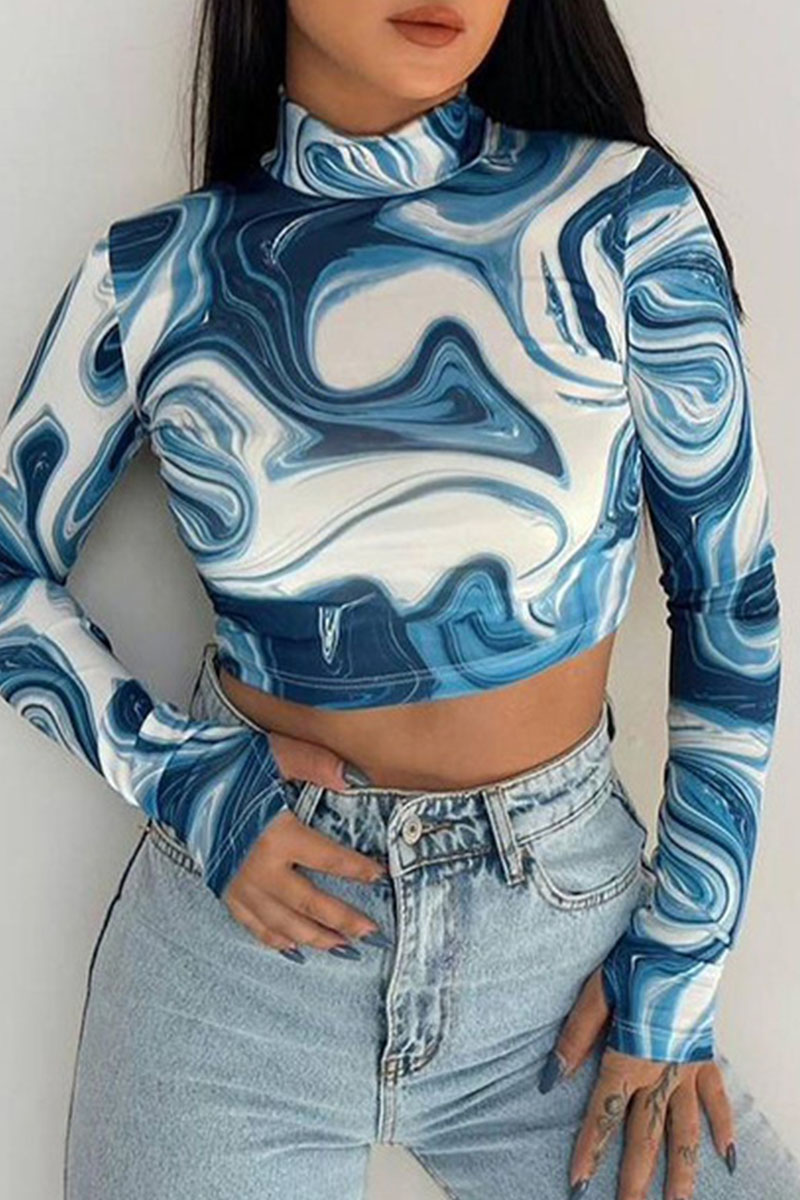 

Blue Sexy Print Split Joint Backless Half A Turtleneck Tops