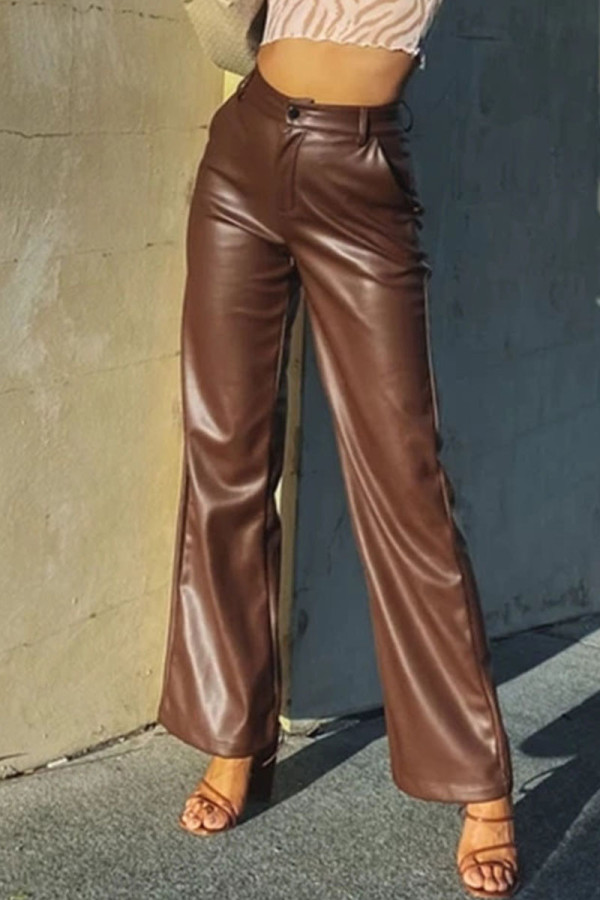 Bruin, casual effen patchwork, rechte broek met hoge taille, rechte effen kleur