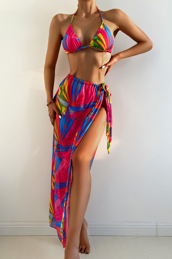 Multicolor Mode Sexy Print Bandage Backless Swimwears Driedelige set