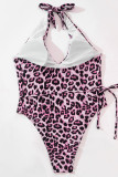 Pink Sexy Print Leopard Bandage Patchwork Swimwears