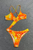 Costumi da bagno senza schienale patchwork stampa sexy arancione moda