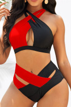 Negro rojo moda sexy patchwork sólido ahuecado sin espalda trajes de baño