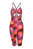 Pink Fashion Sexy Print Backless Spaghetti Strap Rompers