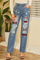 Jeans taglie forti patchwork strappati con stampa street casual blu baby