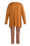 Orange Fashion Casual Print Leopard Slit V-Ausschnitt Plus Size Two Pieces