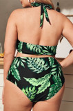 Green Fashion Sexy Dot Bandage Backless Halter Plus Size Swimwear