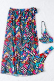Multicolor Fashion Sexy Print Bandage Backless Swimwears Three-piece Set