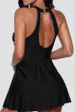 Zwarte casual print uitgehold patchwork backless swimwears