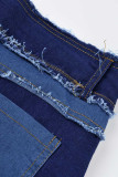 Matita da lavaggio con stampa patchwork casual in denim blu manica lunga due pezzi