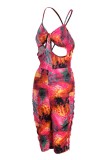 Pink Fashion Sexy Print Backless Spaghetti Strap Rompers