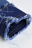 Blå Denim Casual Patchwork Print tvättpenna Långärmad två delar