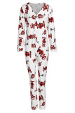White Casual Print Buttons V Neck Regular Jumpsuits