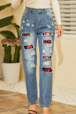 Jeans taglie forti patchwork strappati con stampa street casual blu baby