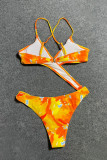 Orange Fashion Sexy Print Patchwork Backless Swimwears