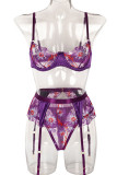 Purple Sexy Embroidered Patchwork Valentines Day Lingerie